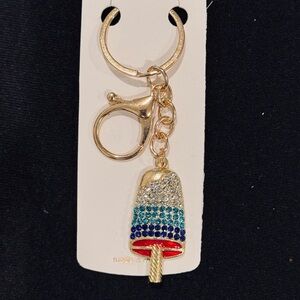 BAG CHARM Mint Popsicle Keychain Gold Tone  Blue Crystal Accents 4.25 inch